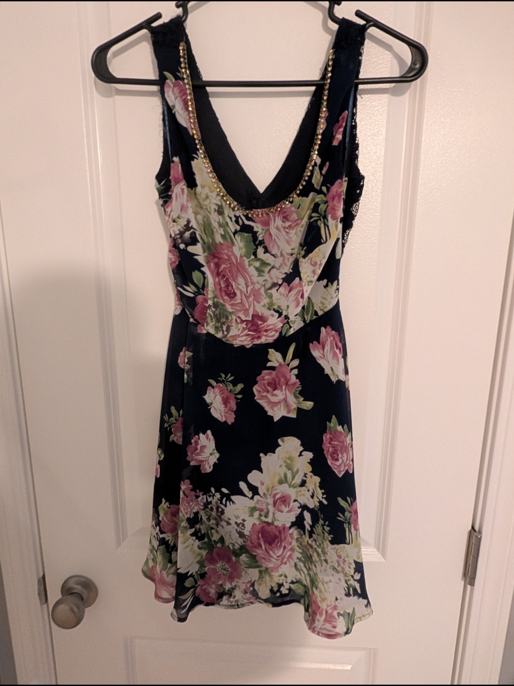 Floral V-Neck Navy Summer Dress with Pink Rose Print